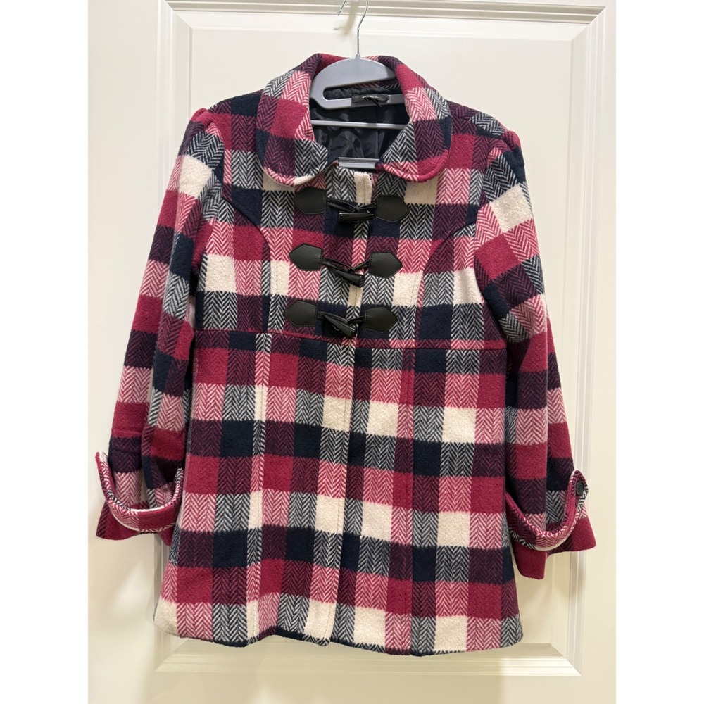 BCX Girl Pink Navy White Plaid Toggle Duffle Coat Peter Pan Collar XL